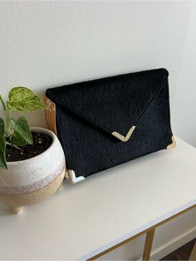 Elaine Turner Black Envelope Clutch with Fur and Gold Accents